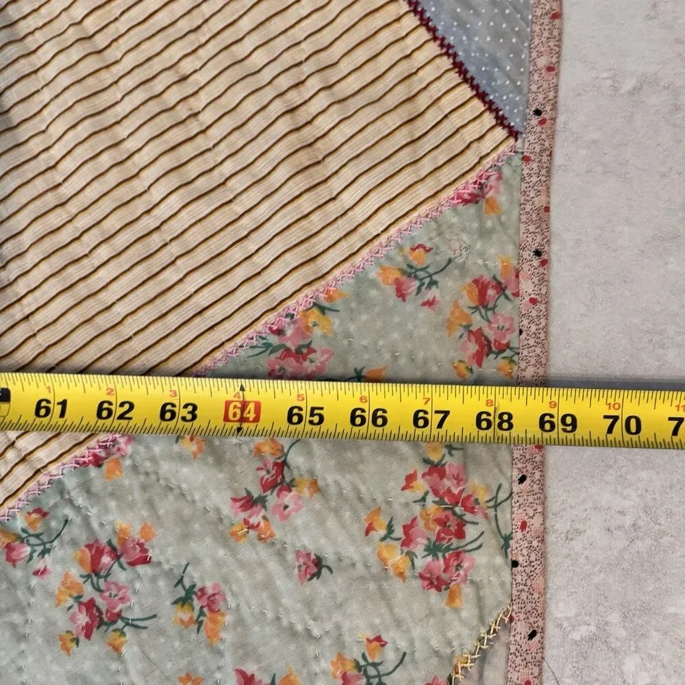 Vintage Abstract patchwork quilt Blue Pink Yellow Red Green Thin 69”x80” Read